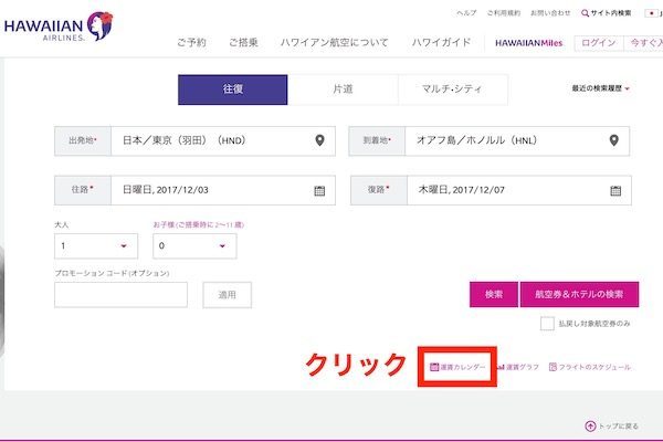 ハワイアン航空　予約画面