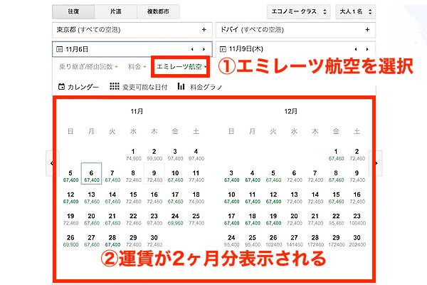 エミレーツ航空　予約画面