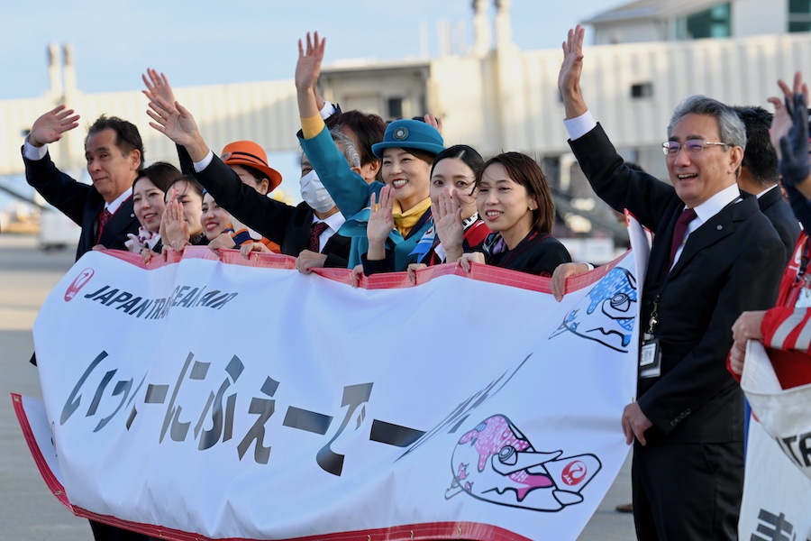 Side view of JTA Jinbei Jet at Naha Airport