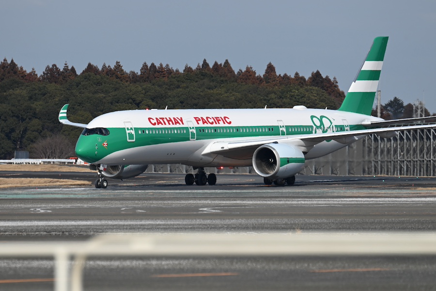 Nose section of Cathay Pacific A350-900 in Lettuce Sandwich retro livery