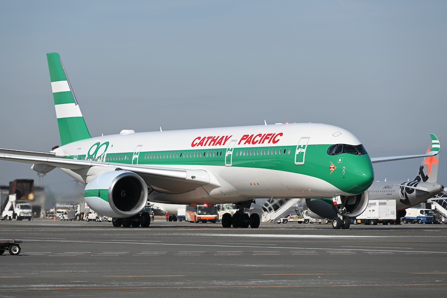 Close-up of Cathay Pacific 80th anniversary logo on A350-900