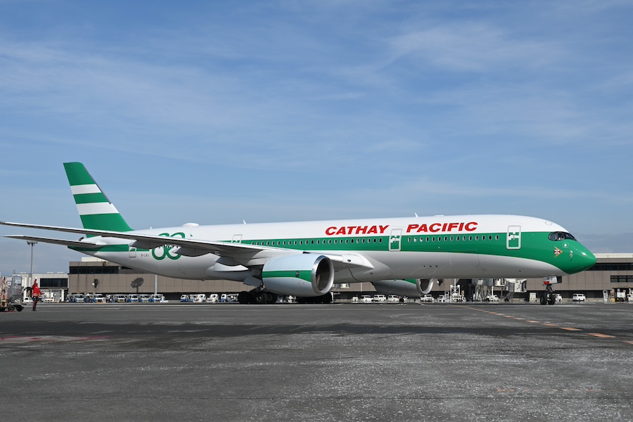 Side view of Cathay Pacific A350-900 in 80th anniversary retro livery