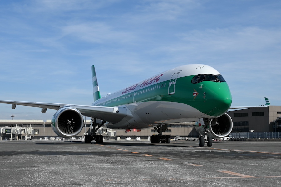 Cathay Pacific A350-900 retro livery parked at Narita gate