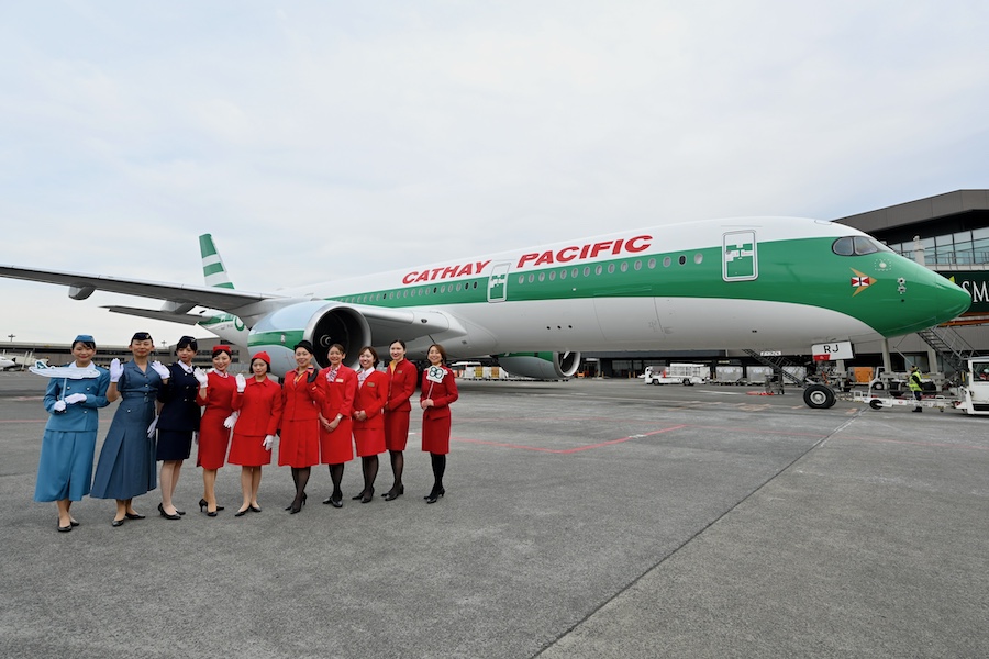 Cathay Pacific special livery A350-900 and standard livery 777-300 side by side at Narita
