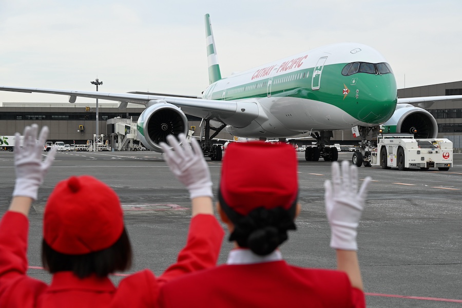 Cathay Pacific 80th anniversary A350-900 preparing for departure from Narita