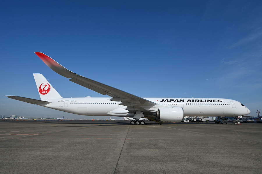 Front view of JAL Airbus A350-1000 at the hangar area