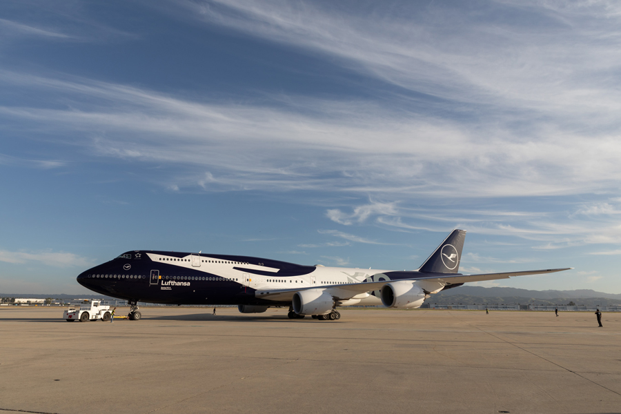 Close-up of 100th anniversary markings on Lufthansa Boeing 747-8