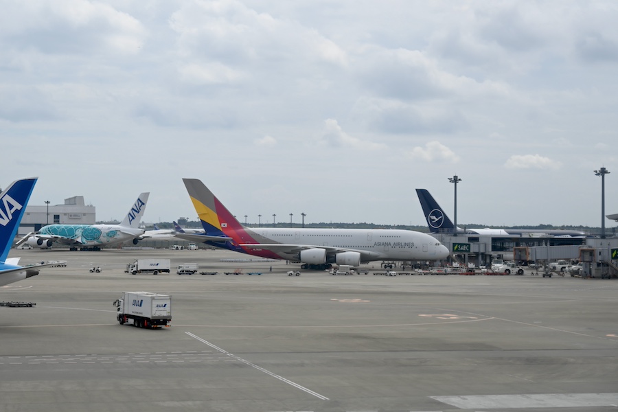 Three A380s from Lufthansa, Asiana Airlines, and ANA at Narita