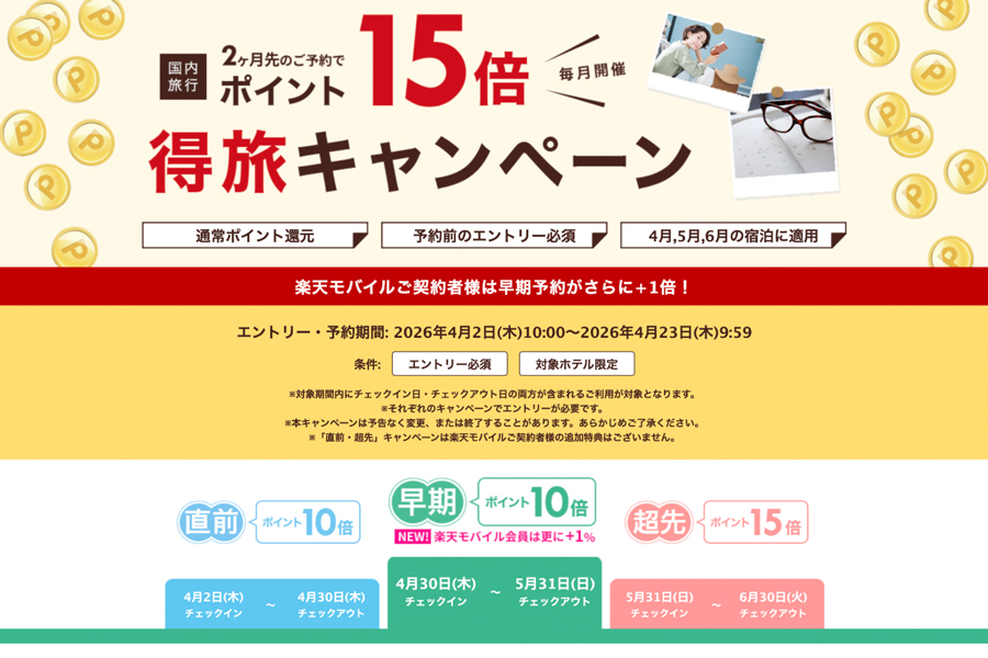 Rakuten Travel “Tokutabi” Campaign: Earn Up to 15x Points on Domestic Stays Rakuten Travel “Tokutabi” Campaign: Earn Up to 15x Points on Domestic Stays