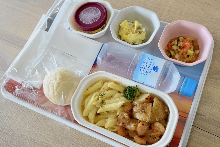 Lemon cream penne with garlic shrimp and side dishes