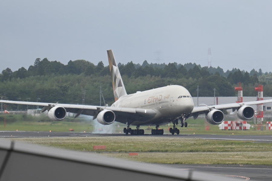 Etihad Airways Airbus A380 parked at Narita