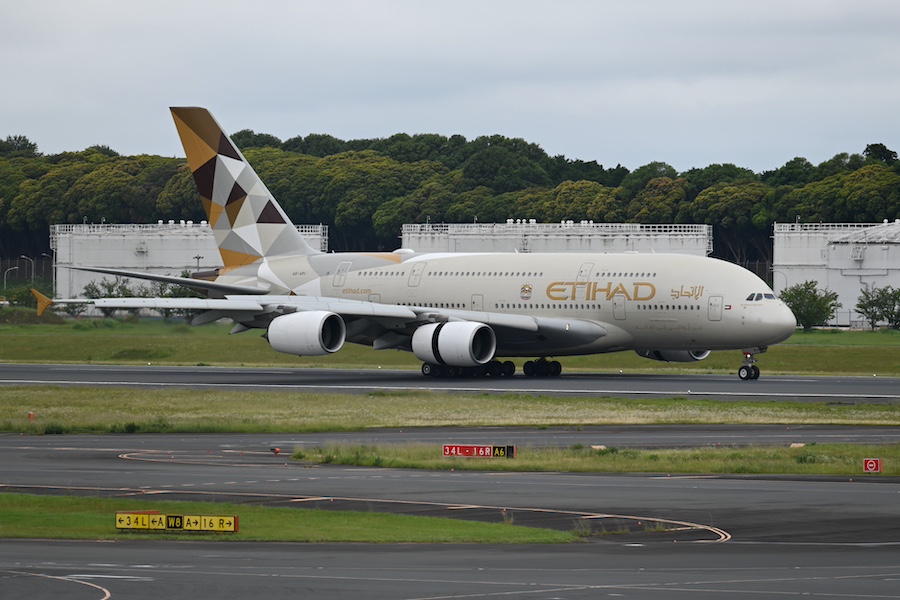 Etihad Airways Airbus A380 nose section at Narita