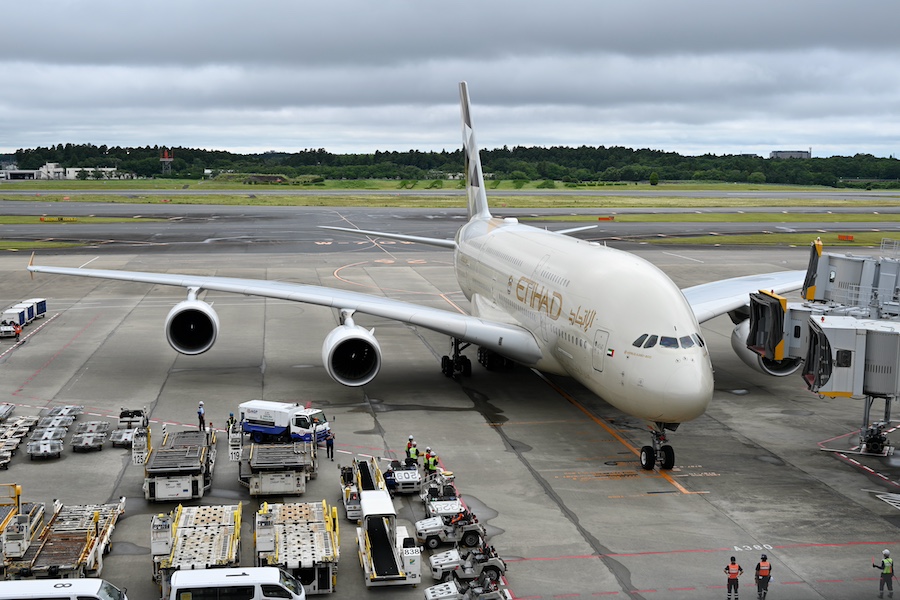 Etihad Airways A380 cabin crew and aisle