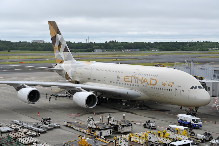 Etihad Airways Airbus A380 taxiing at Narita Airport in Japan