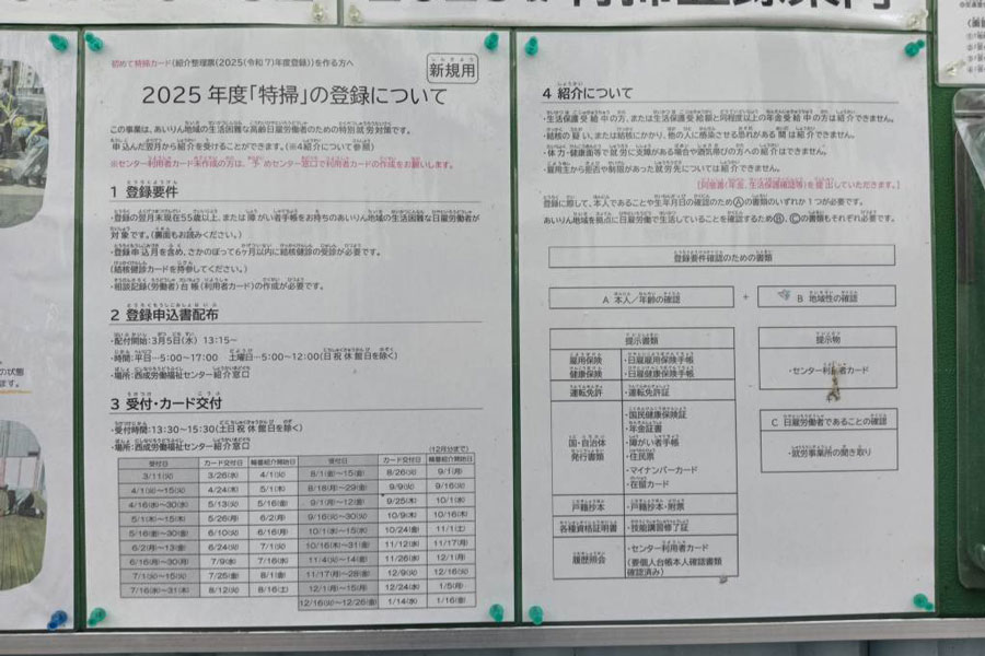 Notice board of the Kamagasaki Support Organization with Tokusou job posting