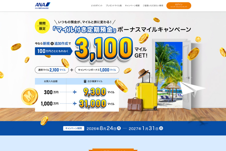 Suruga Bank ANA Branch Launches Bonus Miles Campaign for Time Deposits Suruga Bank ANA Branch Launches Bonus Miles Campaign for Time Deposits